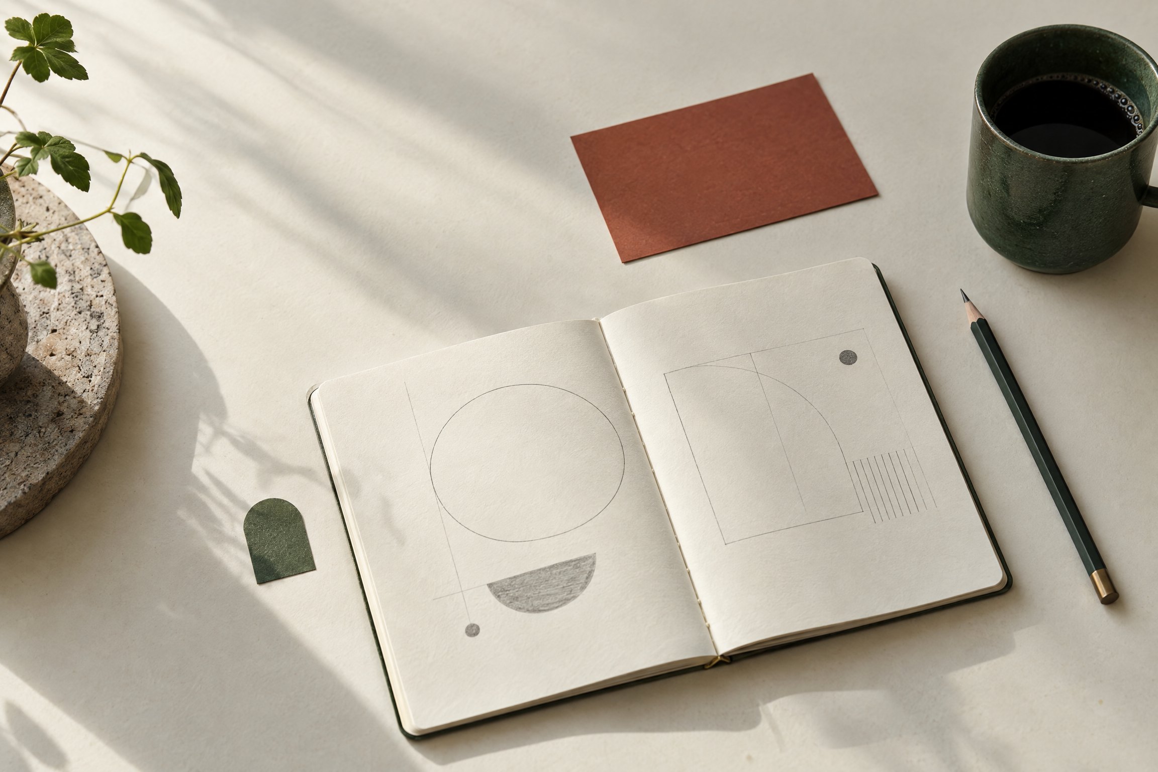 An open notebook and a few considered tools on a softly lit creative desk